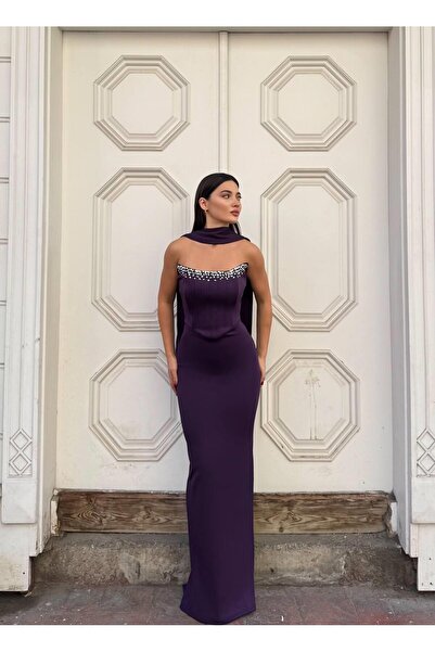 Modafeminen Scuba stretch fabric embroidered scarf detail fish tail evening dress 583340 purple