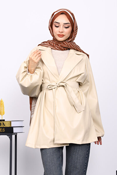 İmajButik Beige Balloon Sleeve Belted Leather Jacket