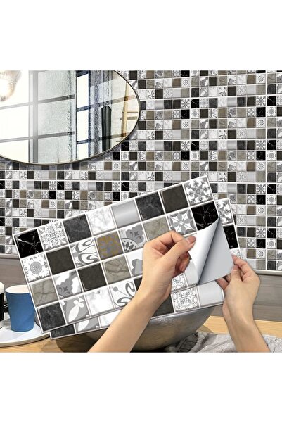 Generic SYOSI 12Pcs Peel and Stick Wall Tile, Tiles Stickers for Kitchen and Bathroom, Gray Black Mosaic Ma