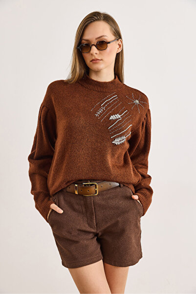 Olalook Women's Brown Stone Detailed Soft Textured Balloon Sleeve Knitwear Sweater Kzk-19001059