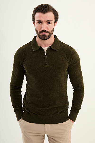 Mcr Plain Slim Fit Zippered Polo Neck Chenille Fabric Men's Knitwear Khaki - 11576.25K