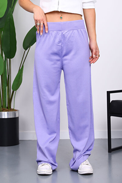 İmajButik Lila High Waist Corded Fabric Wide Leg Knitwear Trousers
