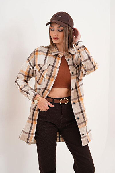 Polologin Butik Kadın Oduncu Çift Cepli Cep Kapaklı Kahverengi Bej Araboy Spo...