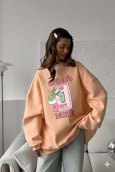 The Champ Clothing Rochie pentru femei supradimensionat Swea tricou Grinch Mode cu imprimeu Portocaliu – guler rotund , 3 fire Ş cu căptușeală din fleece Lână
