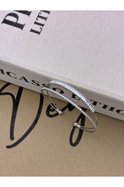 Hedef Bijuteri Silver Color Adjustable Two Rows Baguette and Rectangle Zircon Stone Bracelet