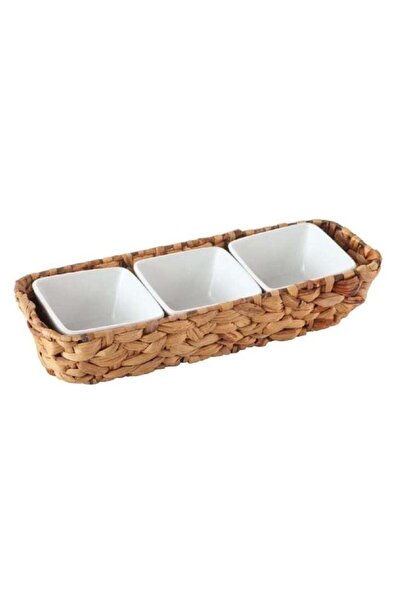 Premium 3-Piece Ceramic Dipping Bowls with Woven Basket Holder
