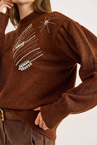 Olalook Women's Brown Stone Detailed Soft Textured Balloon Sleeve Knitwear Sweater Kzk-19001059