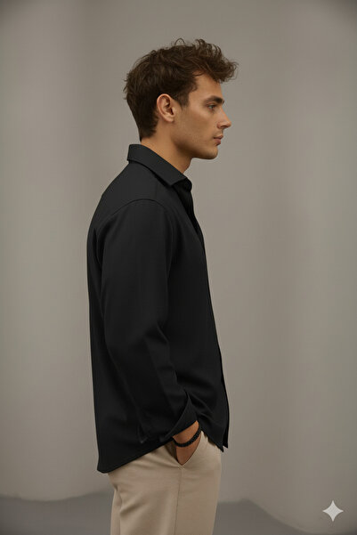 Bürke Sofia Linen Black Half Oversized Men's Shirt
