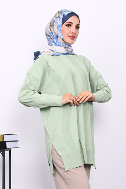 İmajButik Water Green Crew Neck Cold Thread Knitwear Tunic