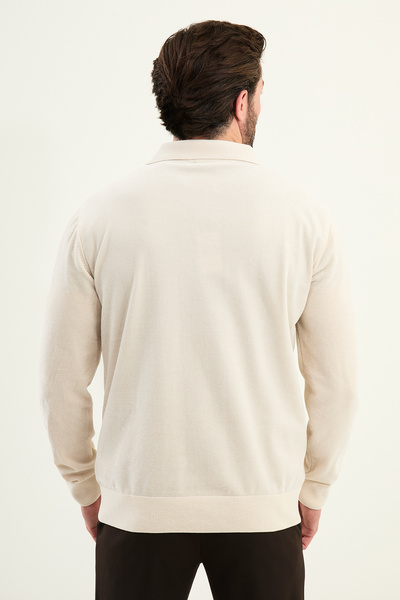 Mcr Plain Slim Fit Zippered Polo Neck Chenille Fabric Men's Knitwear Ecru - 11576.25K