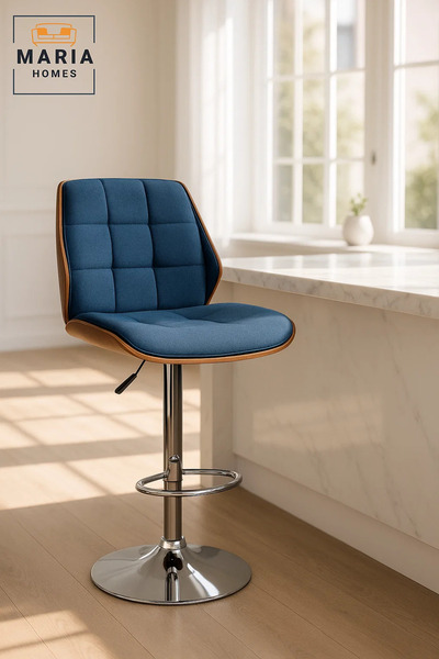 MARIA HOMES Dark Blue Adjustable Swivel Bar Stool with Chrome Base, Modern Upholstered Kitchen & Bar Chair