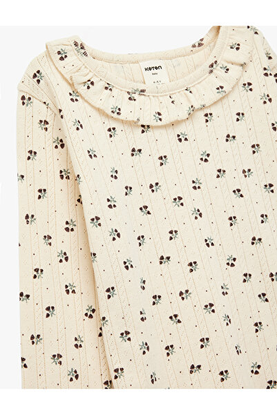 Koton Cotton Long Sleeve Crew Neck Ruffle Detail Floral T-Shirt