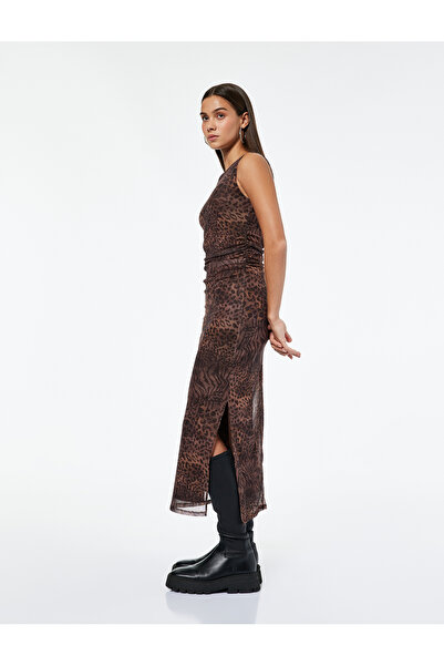 Koton Sleeveless Crew Neck Slit Draped Tulle Midi Leopard Dress