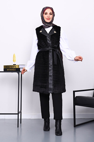 İmajButik Black Leather Detailed Belted Vest