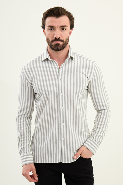 Mcr Striped Slim Fit Long Sleeve Men's Shirt Gray - 27115.25K