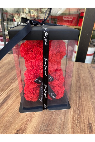 ciceksanat Şeffaf Kutuda Kırmızı Güllerden Ayıcık Sevgiliye Hediye Yılbaşı He...