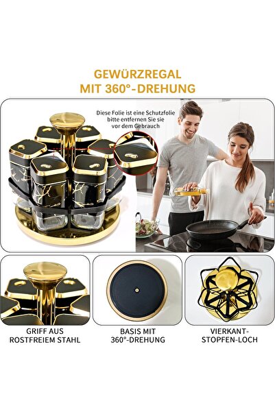 Generic Marble 360° Rotating Spice Rack with 6×120ml Jars, Stainless Steel Kitchen Organizer