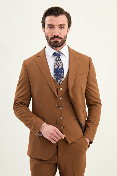 Mcr Textured Slim Fit Mono Collar Men's Suit Camel - 45432.25K