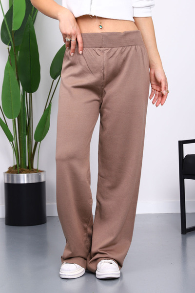 İmajButik Koyuv Mink High Waist Corded Fabric Wide Leg Knitwear Trousers