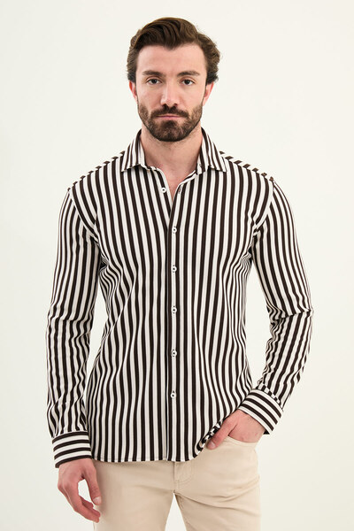 Mcr Striped Slim Fit Long Sleeve Men's Shirt Coffee - 27115.25K