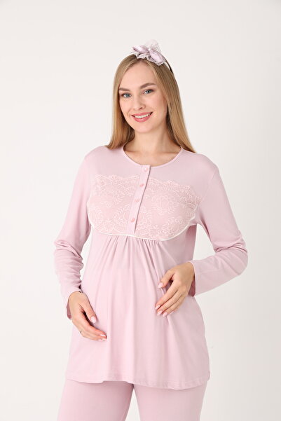 Pelin Women's Patterned Shawl Collar Special Design Winter Long Sleeve 3-Piece Maternity Pajama Set