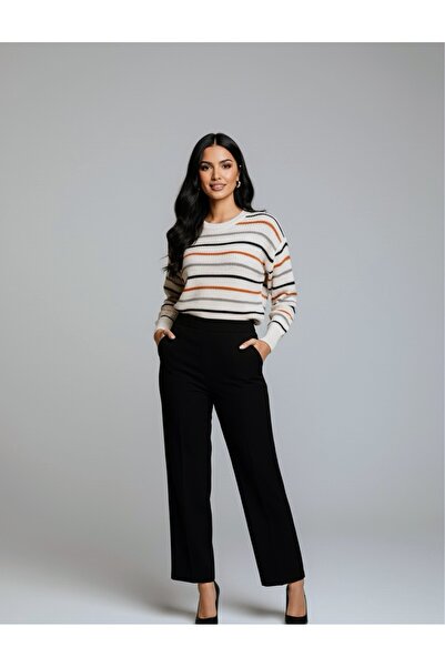 rushana Women's Striped Crew Neck Crop Knit Sweater