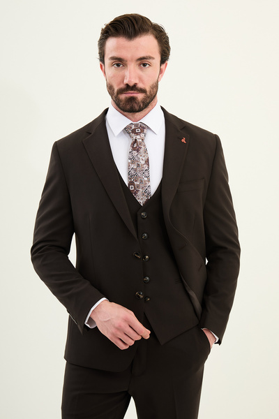 Mcr بدلة رجالية كلاسيكية من قصة ضيقة قطع ذات ياقة مسطحة و4 أزرار باللون البني...