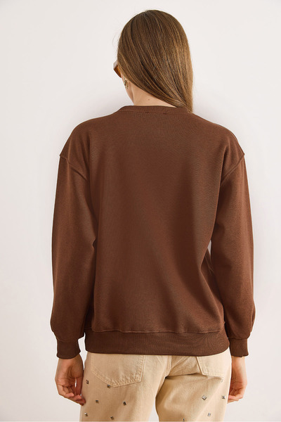 Olalook Women's Brown Good Mood Embroidered Fleece-Lined Comfortable Fit Sweatshirt Swt-19000776