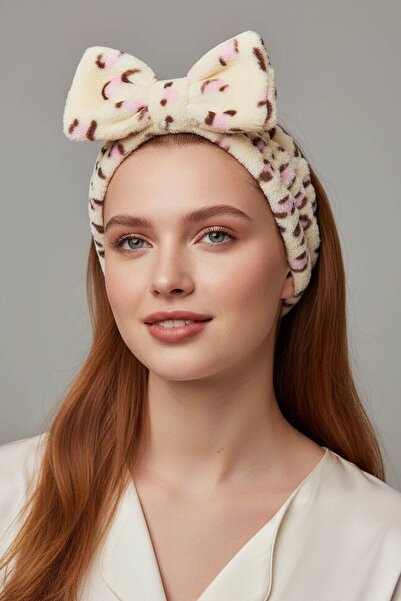 TAKIŞTIR Λούτρινο κεφαλόδεσμο με σχήμα λεοπάρδαλης με κορδέλα σε κρεμ και ροζ χρώμα
