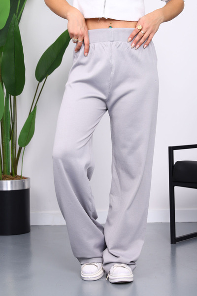 İmajButik Gray High Waist Corded Fabric Wide Leg Knitwear Trousers