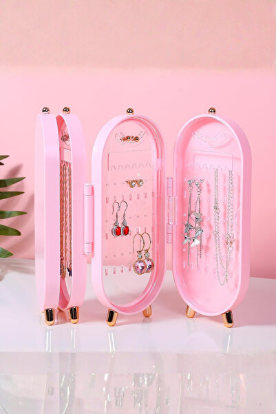 grimorlife Plastik Katlanabilir Aynalı Ayaklı Takı Standı- Takı Organizeri Beyaz