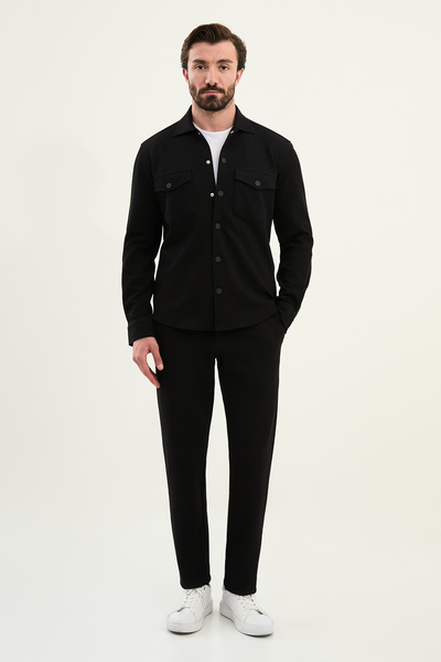 Mcr Striped Slim Fit Shirt Collar Snap Fastener Coat Drawstring Pants Set Black - 17165.25K