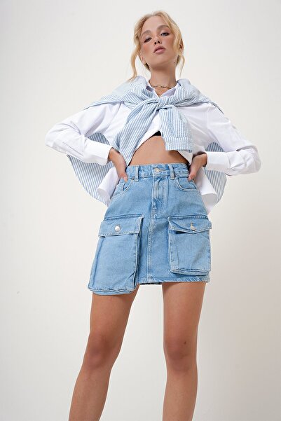 Trend Alaçatı Stili Kék női farmer szoknya Cargo zsebekkel - ALC-X12788