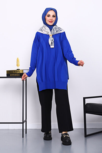 İmajButik Cobalt Blue Crew Neck Cold Thread Knitwear Tunic
