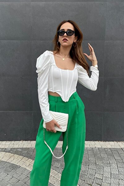 Nazliye Beyaz Uzun Kol Korse Bluz