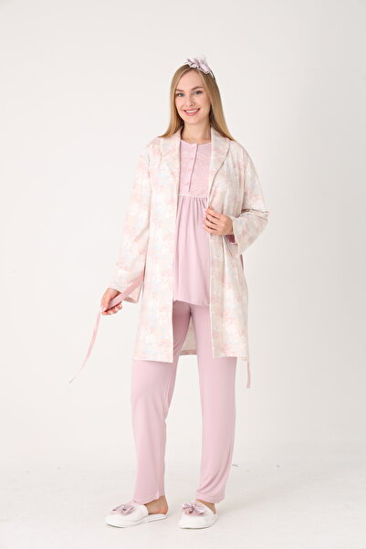 Pelin Women's Patterned Shawl Collar Special Design Winter Long Sleeve 3-Piece Maternity Pajama Set