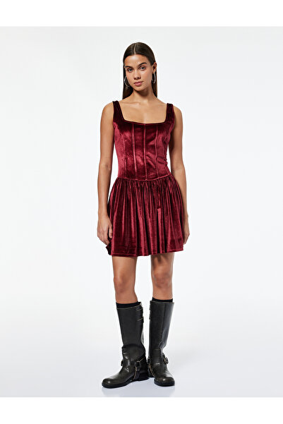 Koton Square Neck Sleeveless Corset Detail Flounce Mini Velvet Dress