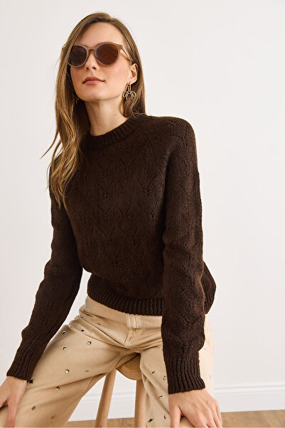 Olalook Women's Bitter Brown Lace-Like Knit Soft Textured Knitwear Sweater Kzk-19001053