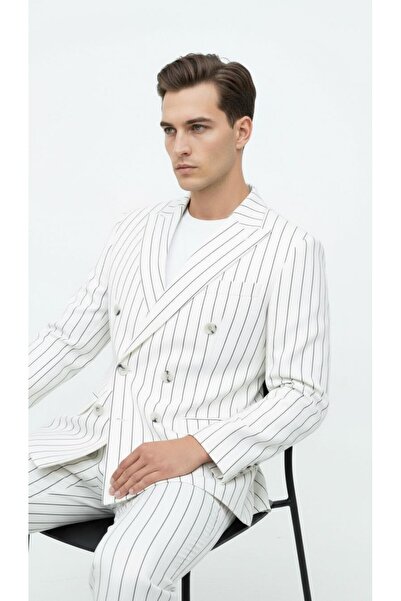 Plus Scorpion White Striped Men's Double-Breasted Blazer Jacket – Italian Cut, Modern and Elegant Chic