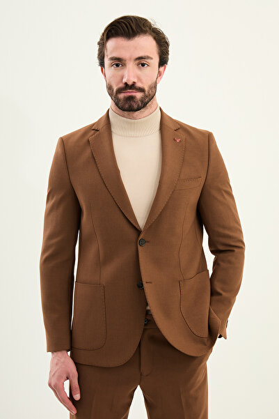 Mcr Plain Slim Fit Mono Collar Pocketed Trousers with Elastic Men's Suit Camel - 45411.25K