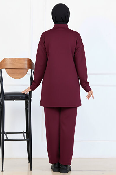 benguen Bead Detailed Scuba Double Suit N5334 Burgundy