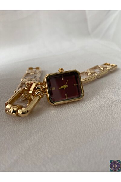 uyguntakıaksesuar Kare Kadran Bordo Camlı Kadın Kol Saati – Altın Renk Zincir Halkalı Şık Bileklik Saat