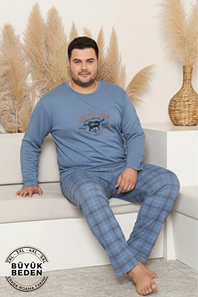 Farya Home Plus Size Cotton Long Sleeve Plaid Checkered Men's Pajama Set