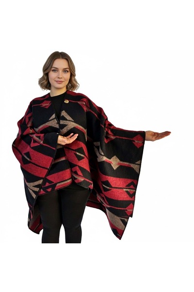 Exve Exclusive Red Beige Black Ethnic Patterned Anti-Pilling Wool Warm Unisex Camper Poncho Winter Shawl