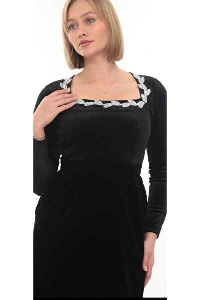 hilaltrendd Hilaltrend uzun kollu midi kadife elbise