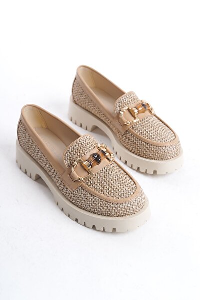 FEMME حذاء لوفر نسائي بدون كعب كاجوال بإبزيم كاجوال باللون البيج تيرا