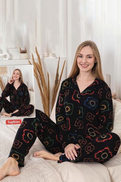 REMSA Women's Floral Pattern Buttoned Saphire Pajama Set 0474 Black01