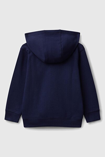 United Colors of Benetton Boy's Navy Blue Zippered Hooded Sweatshirt with Logo Print on the Front