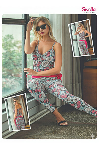 SWELLA Kadın Vücudu Saram Sırt Dekolteli Kuşaklı Desenli Tulum Pamuklu Jumpsuit