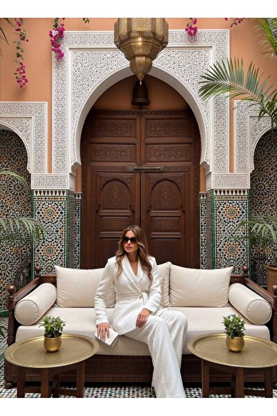 Siseniorita Women's Suit with Fitted Jacket and Wide Leg Long Trousers Made of Wool/Tweed